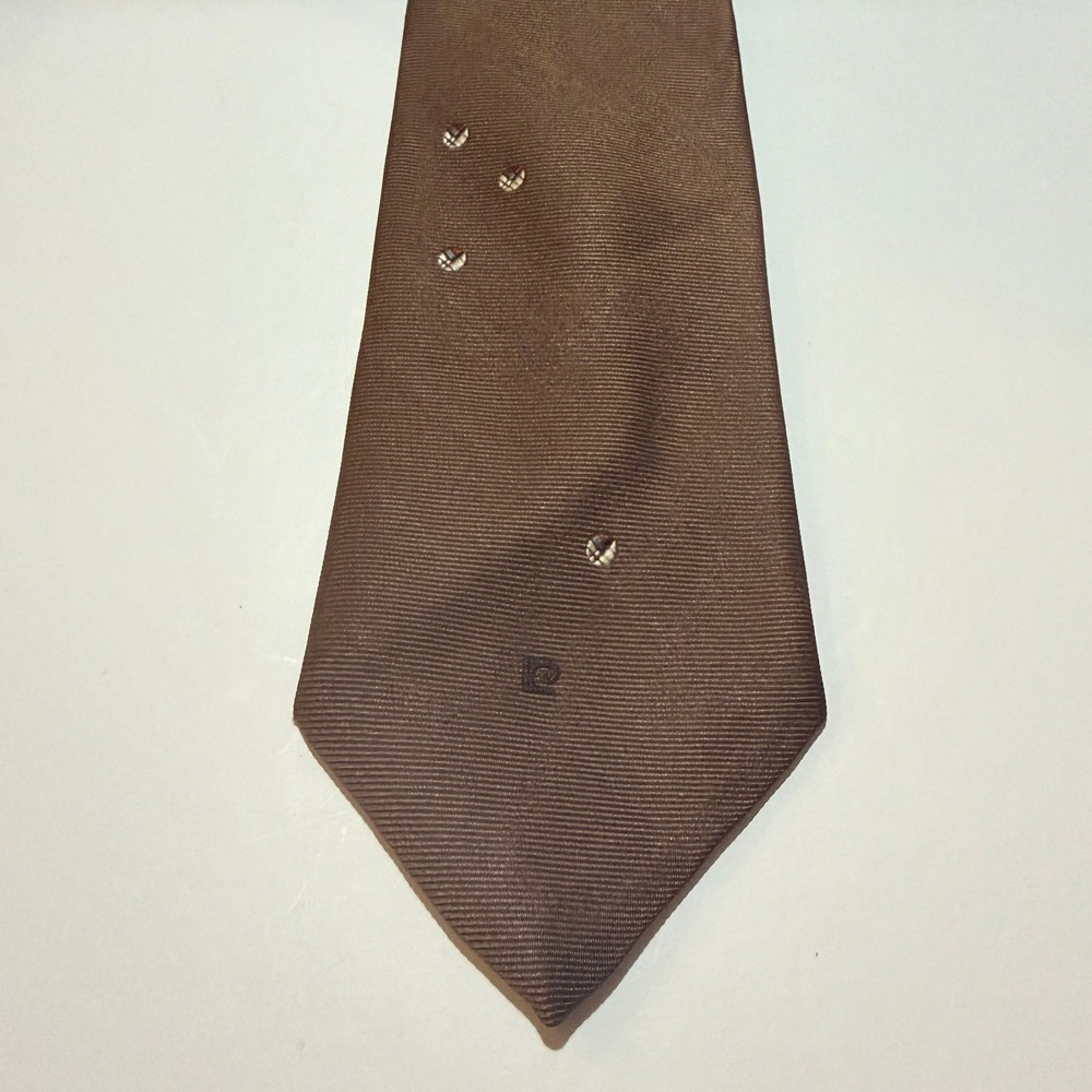 Pierre Cardin Silk Necktie Brown Ribbed Geometric Logo Vintage Classic